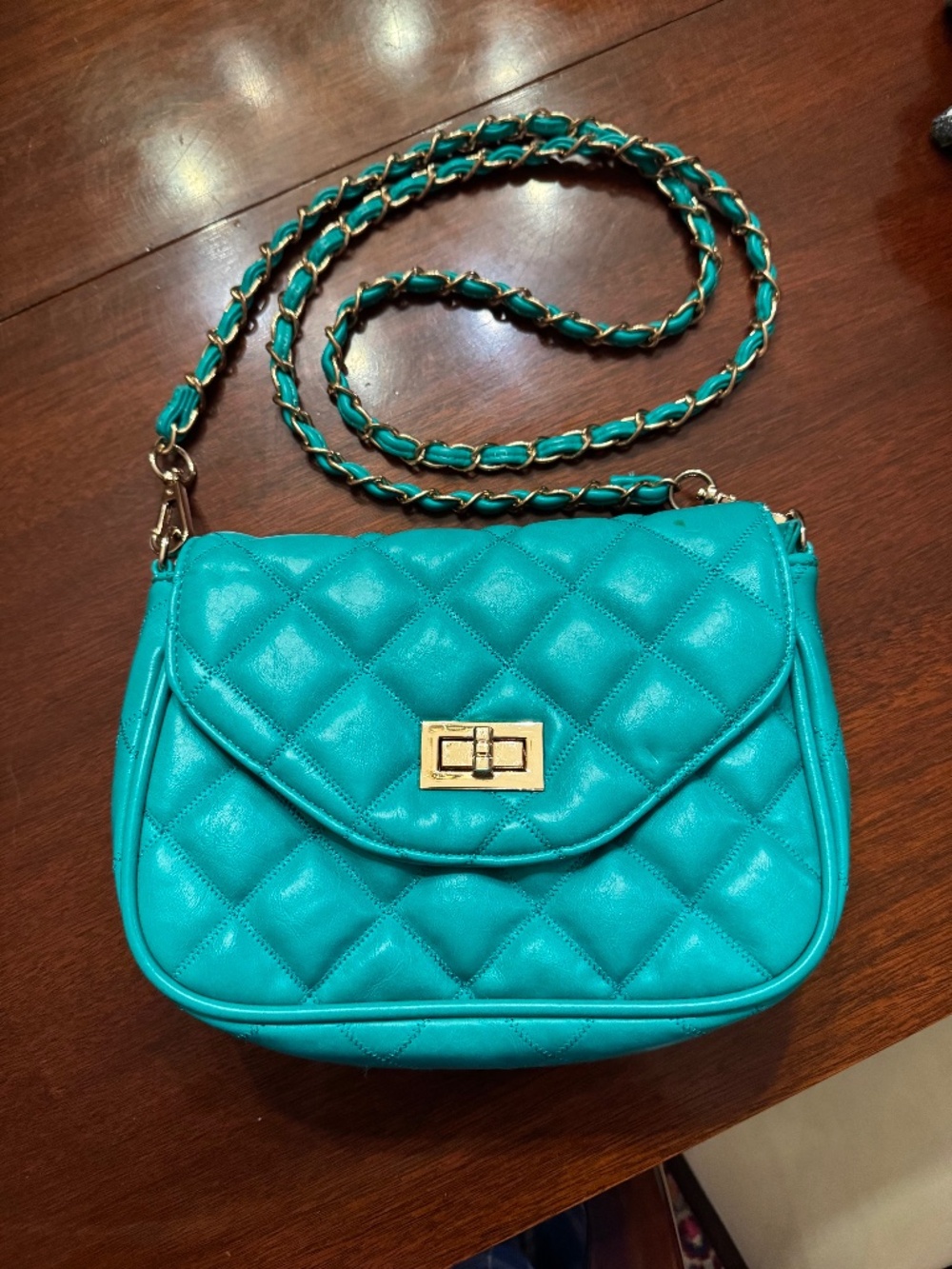 Green faux leather handbag with gold and green strap.